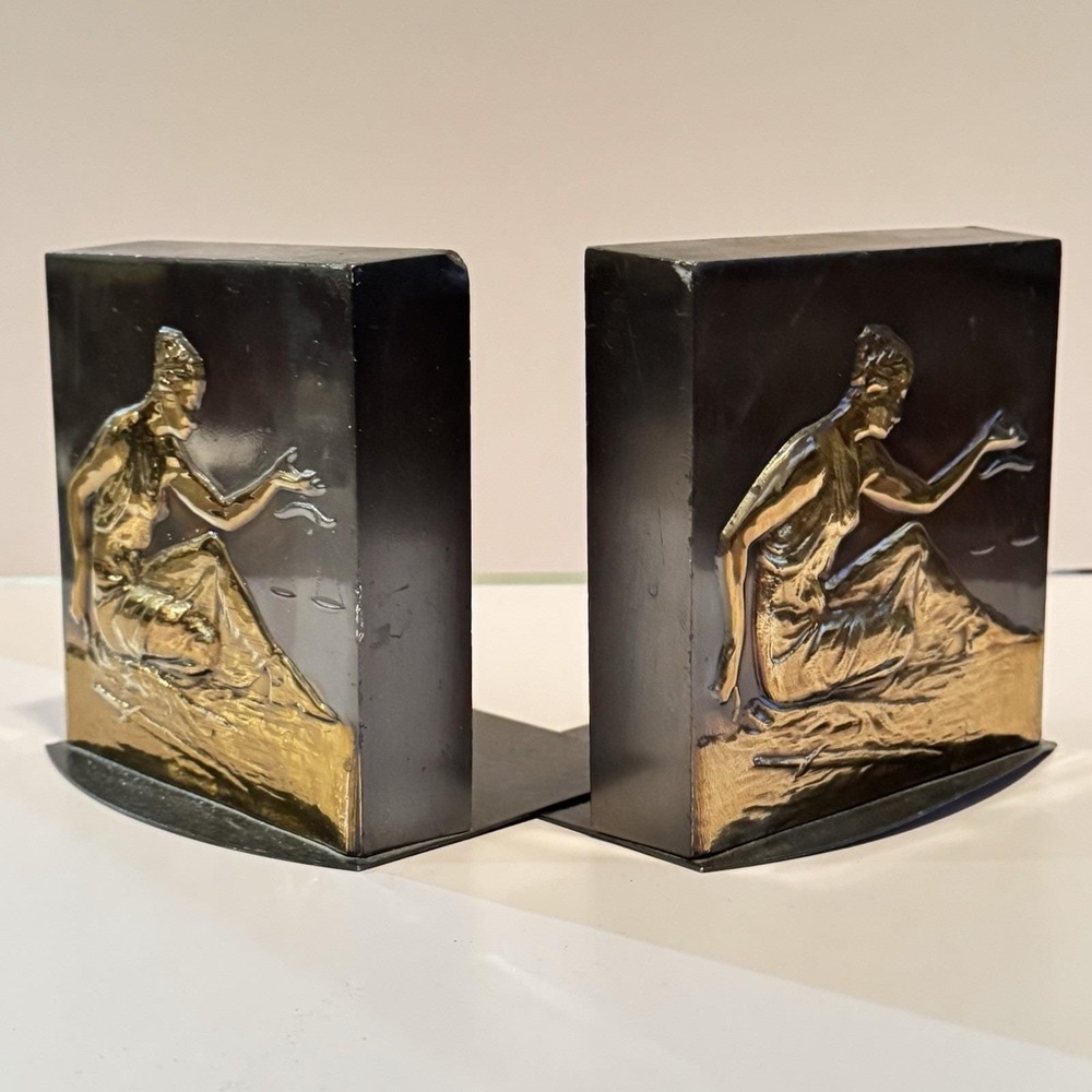 Vintage Art Deco Figural Metal Bookends Heavy Classical Woman Relief Pair